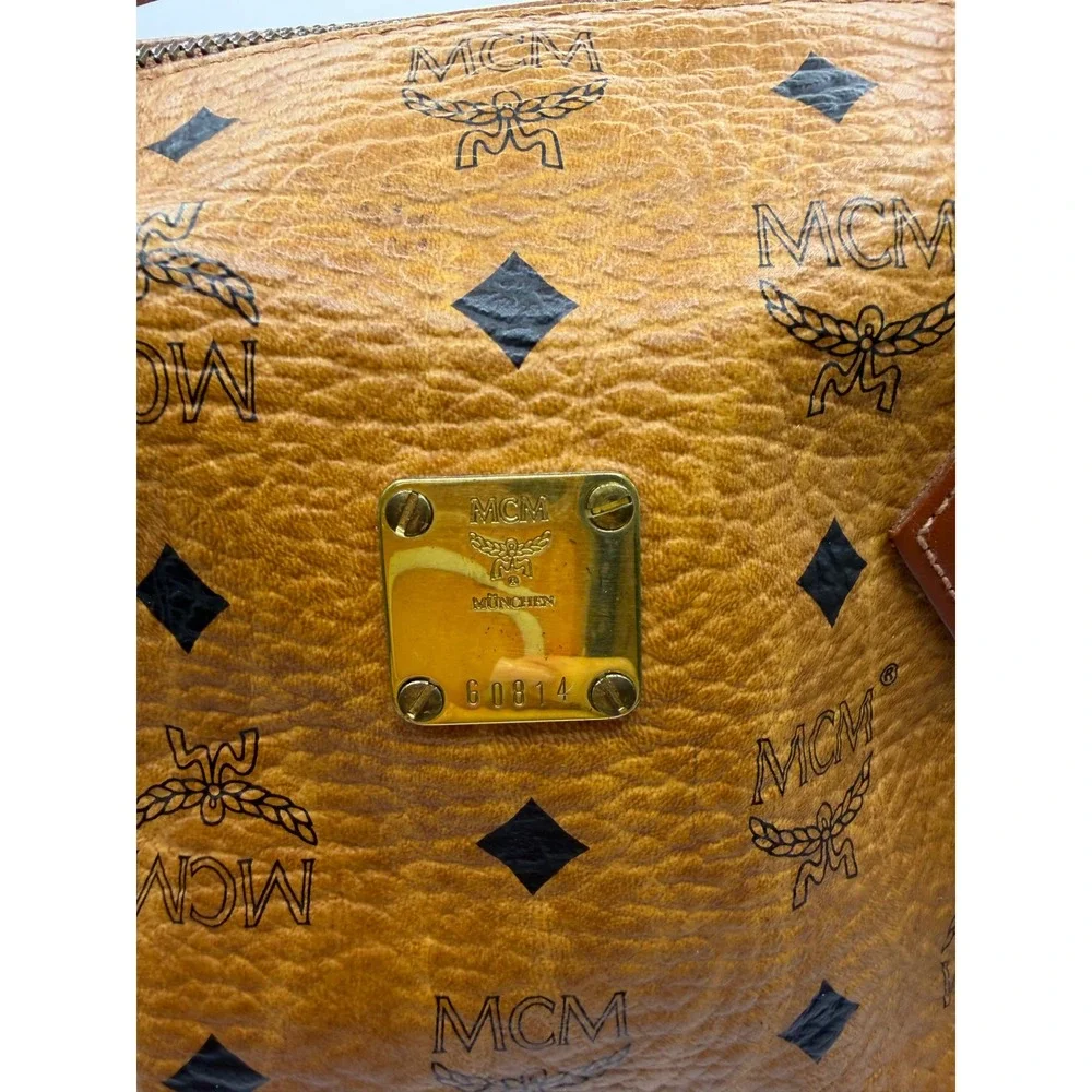 MCM Visetos Boston Bag Cognac Monogram Coated Canvas Satchel G0814‎ 10in